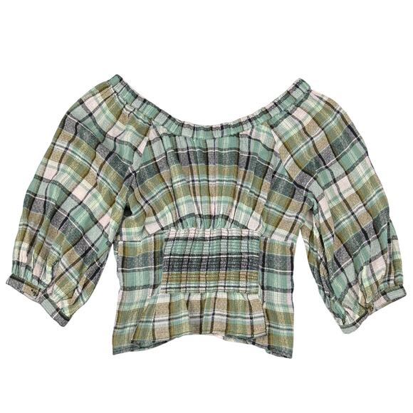 FREE PEOPLE Teagan Blouse With Volume Sleeve In Plaid-Blues Sz Medium - Picture 6 of 7